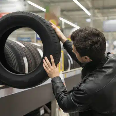 Customer lifts a tire from store shelving at tire shops in Waco checking size and wear