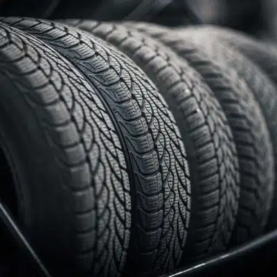 Row of rugged tires on rack, showcasing tread patterns and used tires in Waco availability