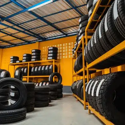 Tire store aisle with racks and bundles, showing selection variety for tires waco customers inside