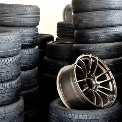 Stacks of tires surround a wheel rim, showing selection inside a used tire shop