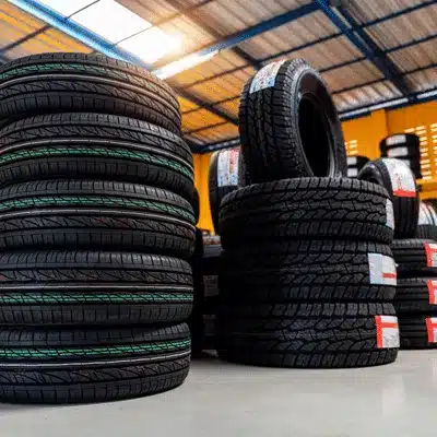 Stacks of new tires in shop warehouse, organized for inventory and quick tires waco pickup