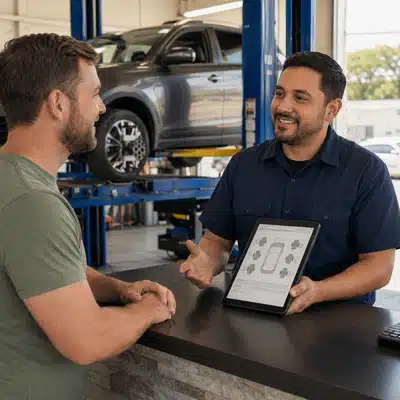 A service advisor explains a vehicle alignment report to a customer asking about tire alignment near me pricing