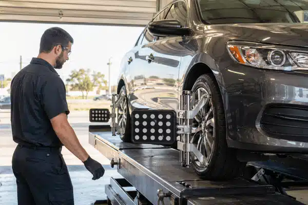 A mechanic checks a car on an alignment rack for tire alignment near me service in a clean auto shop