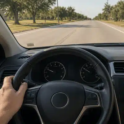 A driver holds an off-center steering wheel on a straight road while noticing tire alignment near me warning signs
