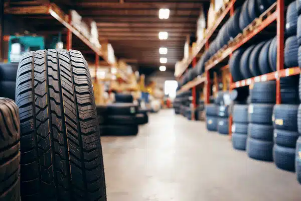 A new tire stands in a tire shop waco tx warehouse with stacked tires along the shelves