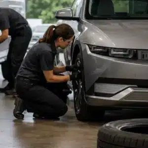 A technician checks the tire on an electric vehicle at a tire shop waco tx drivers can visit for EV tire care and installation