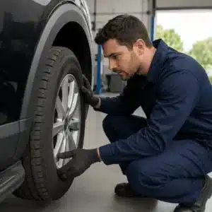 A technician carefully inspects a vehicle tire inside a tire shop waco tx customers can use for tread checks and tire service