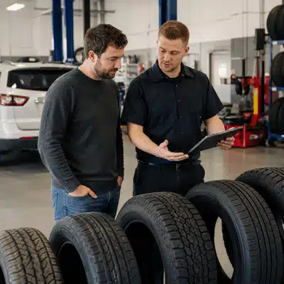 A customer and technician compare tire options in a shop for people planning to buy used tires near me.