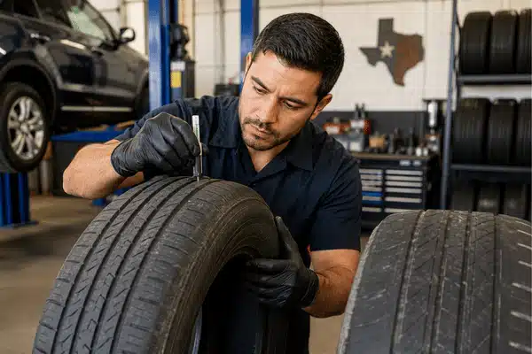 A tire technician measures tread depth on a used tire for drivers searching to buy used tires near me.