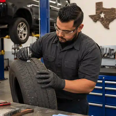 A technician inspects a used tire with a tread gauge before helping customers buy used tires near me.