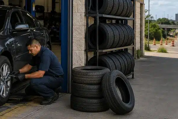 A mechanic works on a sedan tire at a tire shop waco tx drivers may visit for tire checks, installation, and road-ready service
