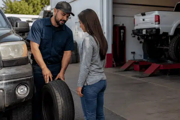 A technician helps a customer compare a tire beside a vehicle at a Waco tire shop