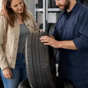 A customer and tire technician review used tires in waco before choosing a replacement tire