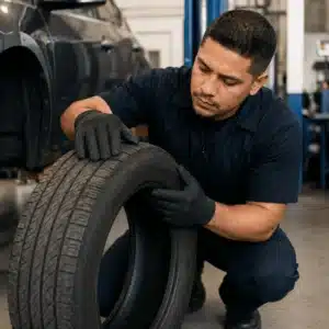 A technician carefully inspects tire tread and sidewall condition inside a Waco tire shop