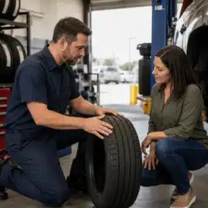 A technician explains tire options to a customer inside a Waco tire shop service bay