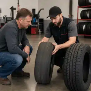 A tire technician inspects a used tire beside a customer who is considering where to buy used tires near me safely