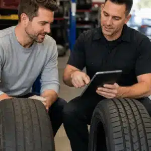 A service advisor reviews tire options on a tablet with a customer searching for the best place to buy used tires near me