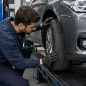A mechanic checks the front tire tread and wheel position during a tire alignment near me inspection on a service platform
