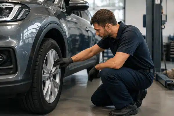 A technician inspects a vehicle’s front wheel during a tire alignment near me service in a professional auto repair shop