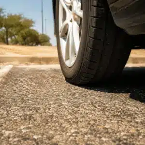 A vehicle tire rests on sun-heated pavement, showing how high temperatures can affect how long do tires last