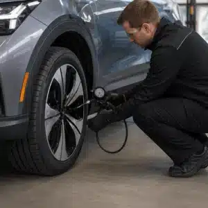 A technician checks a vehicle tire with a pressure gauge in a professional service shop as part of maintenance associated with tire rotation cost
