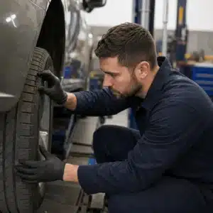 A mechanic carefully inspects a vehicle’s tire and tread inside an auto repair shop while assessing factors related to tire rotation cost
