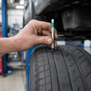 A technician checks the tread depth of a worn tire with a gauge, an important step in understanding how long do tires last