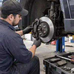 A technician works on a vehicle’s brake pads and rotor in a repair shop, showing the type of service included in brake pad replacement cost