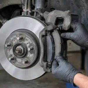 A close-up shows a mechanic fitting new brake pads into the caliper while keeping the existing rotor in place, which can influence brake pad replacement cost