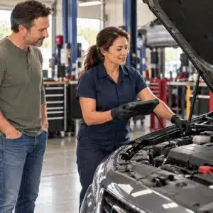 A technician uses a diagnostic scan tool while inspecting a customer’s vehicle to determine the check engine light meaning and identify the underlying problem